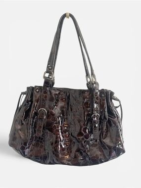 STUART WEITZMAN Vintage Croc-Embossed Patent Leather Shoulder Bag 
Dark Brown